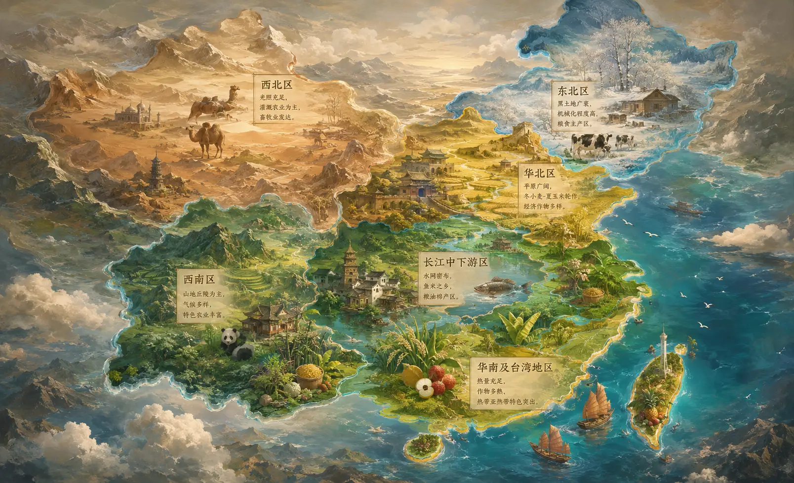 中国六大農業地域の模式図
